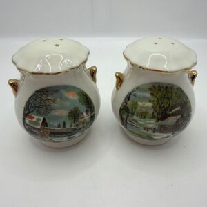 Vintage Enesco Homestead Salt and Pepper Shakers Winter Scenes Gold Trim Set